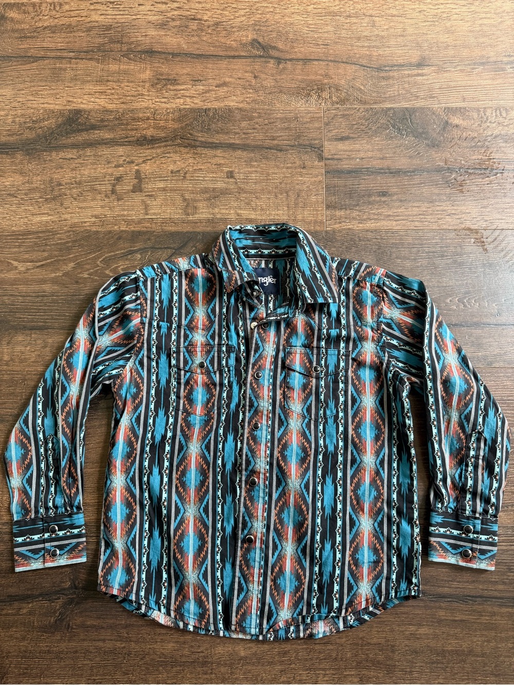Wrangler Boys Aztec-Pattern Button Down Shirt in Teal and Rust